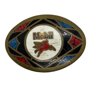 Vintage Mobil Pegasus Belt Buckle H&H Crafts Inlay Southwestern Style Petroliana